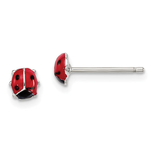 Rhodium-plated Sterling Silver Enameled Lady Bug Post Earrings