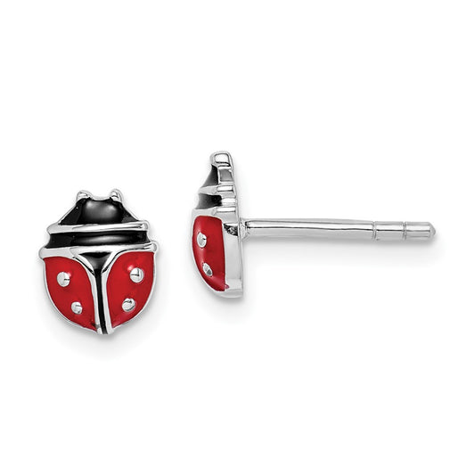 Rhodium-plated Sterling Silver Childs Enameled Ladybug Post Earrings