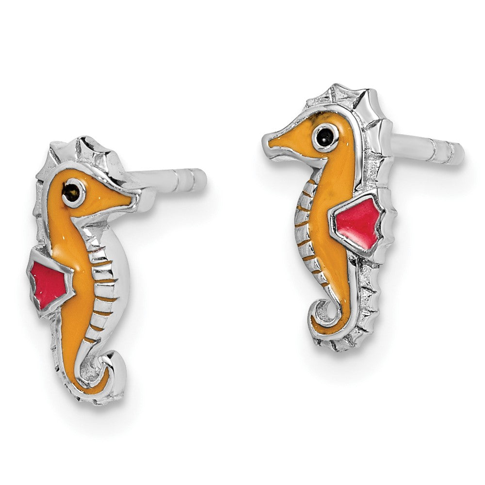 Rhodium-plated Sterling Silver Childs Enameled Seahorse Post Earrings