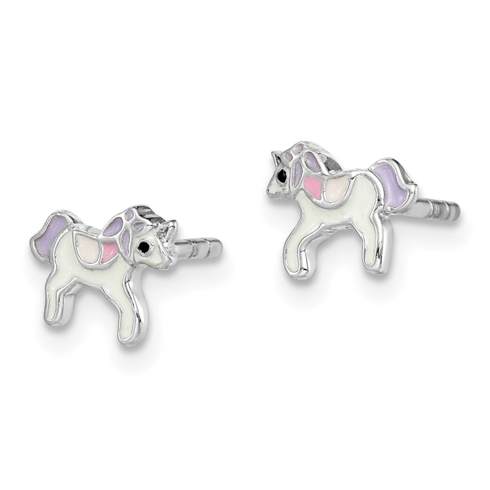 Rhodium-plated Sterling Silver Childs Enameled Unicorn Post Earrings