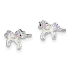 Rhodium-plated Sterling Silver Childs Enameled Unicorn Post Earrings