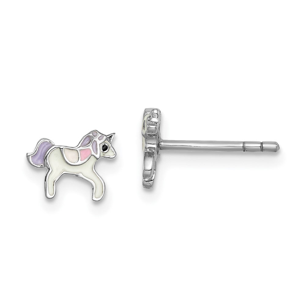 Rhodium-plated Sterling Silver Childs Enameled Unicorn Post Earrings