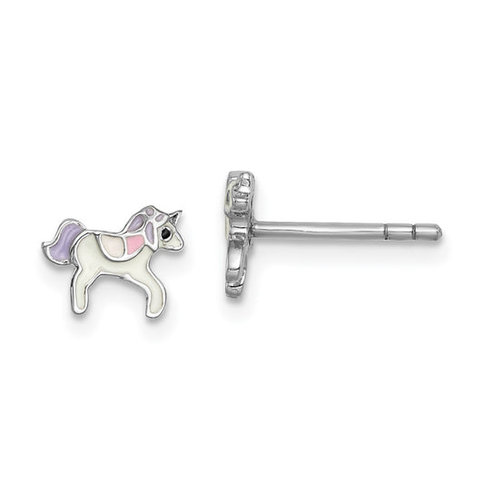 Rhodium-plated Sterling Silver Childs Enameled Unicorn Post Earrings