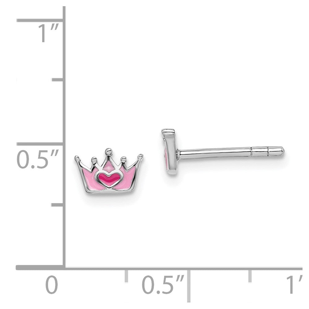 Rhodium-plated Sterling Silver Childs Enameled Pink Crown Post Earrings