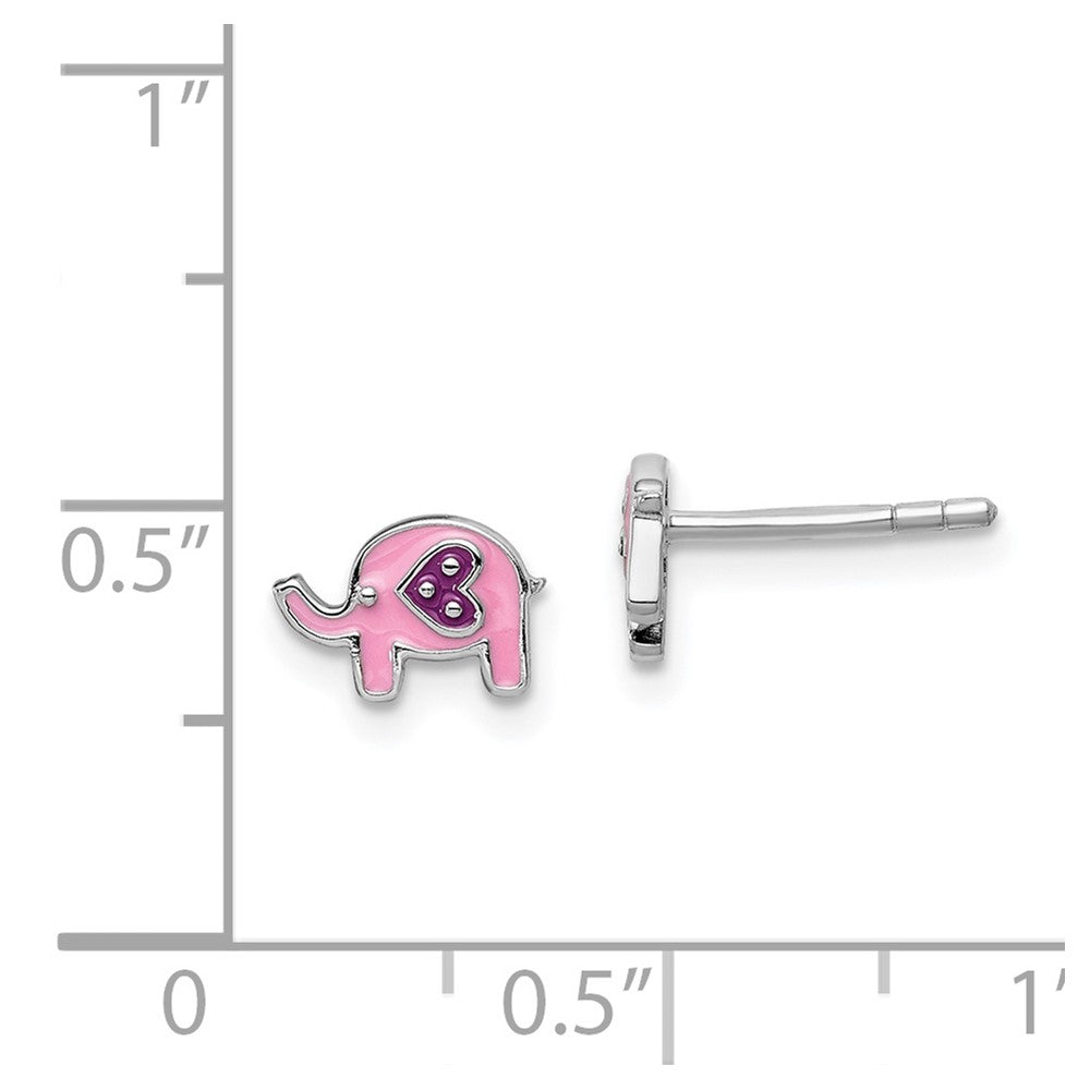 Rhodium-plated Sterling Silver Childs Enameled Pink Elephant Post Earrings