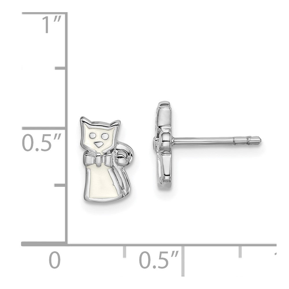 Rhodium-plated Sterling Silver Childs Enameled White Cat Post Earrings