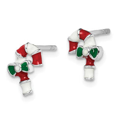 Rhodium-plated Sterling Silver Childs Enameled Candy Cane Post Earrings