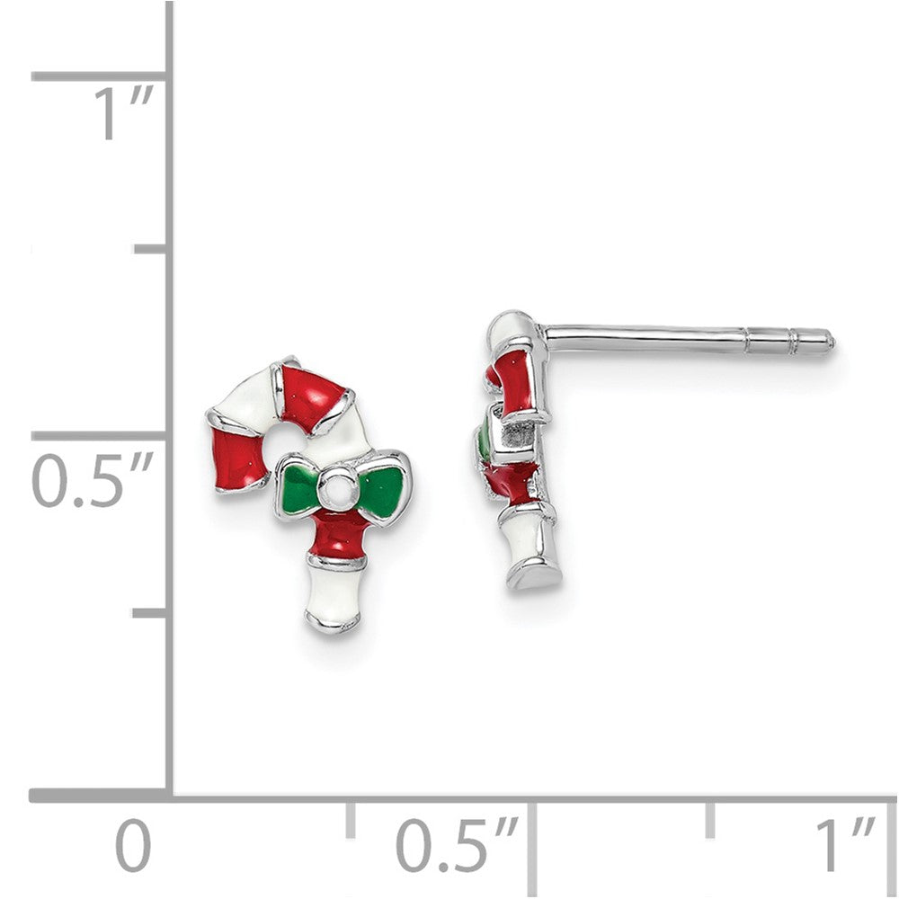 Rhodium-plated Sterling Silver Childs Enameled Candy Cane Post Earrings