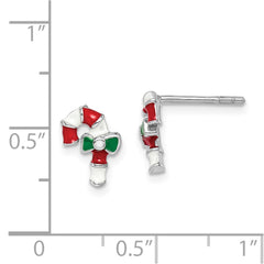 Rhodium-plated Sterling Silver Childs Enameled Candy Cane Post Earrings