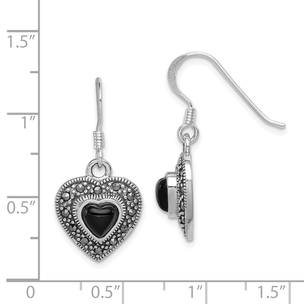 Sterling Silver Onyx Heart Marcasite Heart Earrings