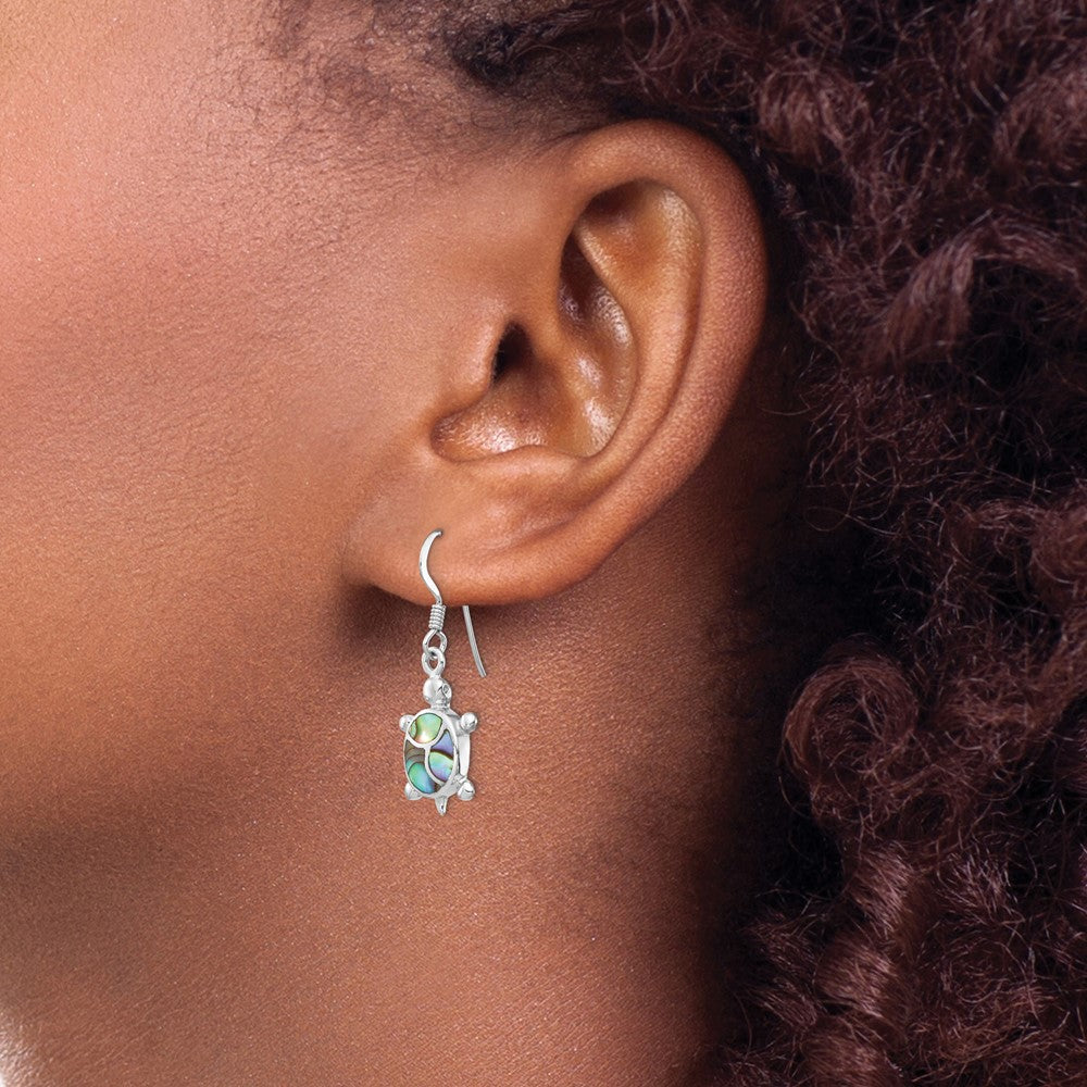 Rhodium-plated Sterling Silver Abalone Turtle Dangle Earrings