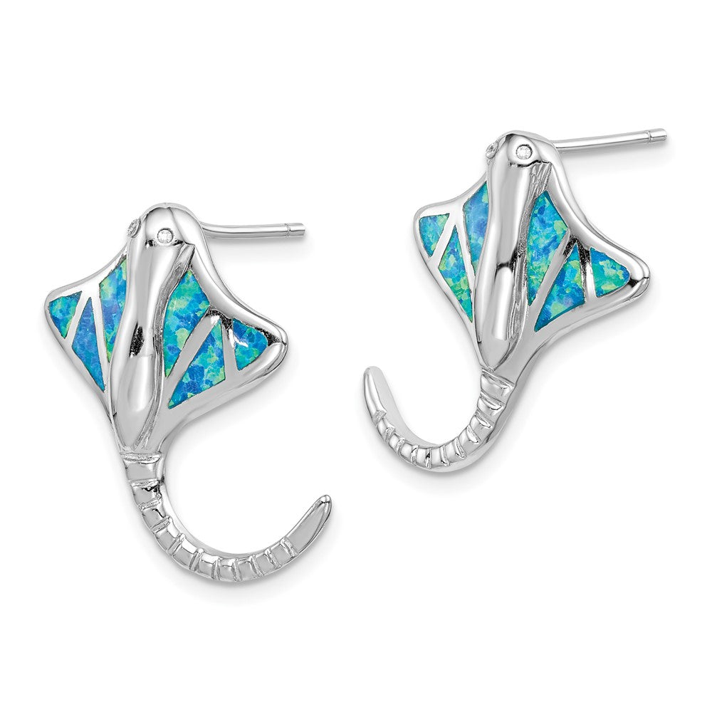 Rhodium-plated Sterling Silver Created Blue Opal Stingray Post Earrings