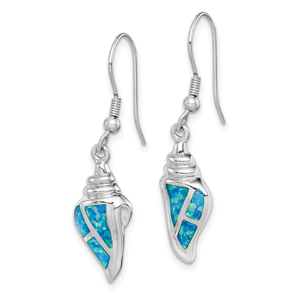 Rhodium-plated Sterling Silver Created Blue Opal Seashell Dangle Earrings