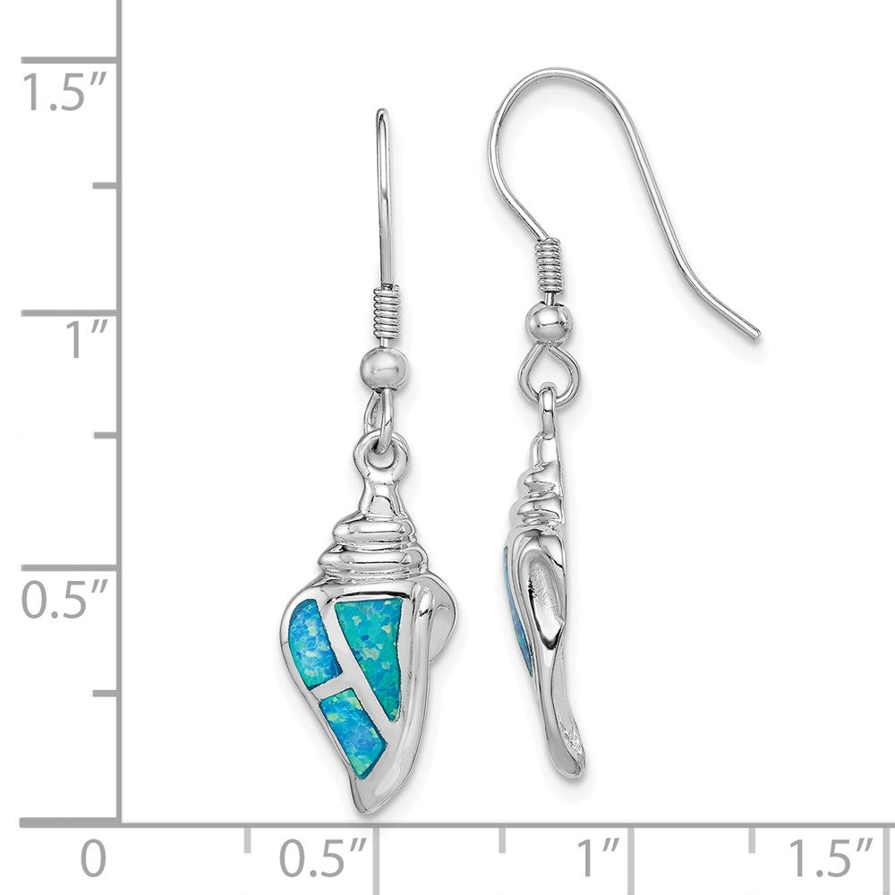 Rhodium-plated Sterling Silver Created Blue Opal Seashell Dangle Earrings