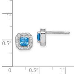 Rhodium-plated Sterling Silver Square Blue and Clear CZ Post Earrings