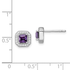 Rhodium-plated Sterling Silver Square Purple and Clear CZ Post Earrings