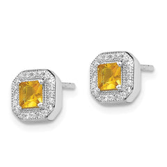 Rhodium-plated Sterling Silver Square Yellow and Clear CZ Post Earrings
