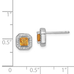 Rhodium-plated Sterling Silver Square Yellow and Clear CZ Post Earrings