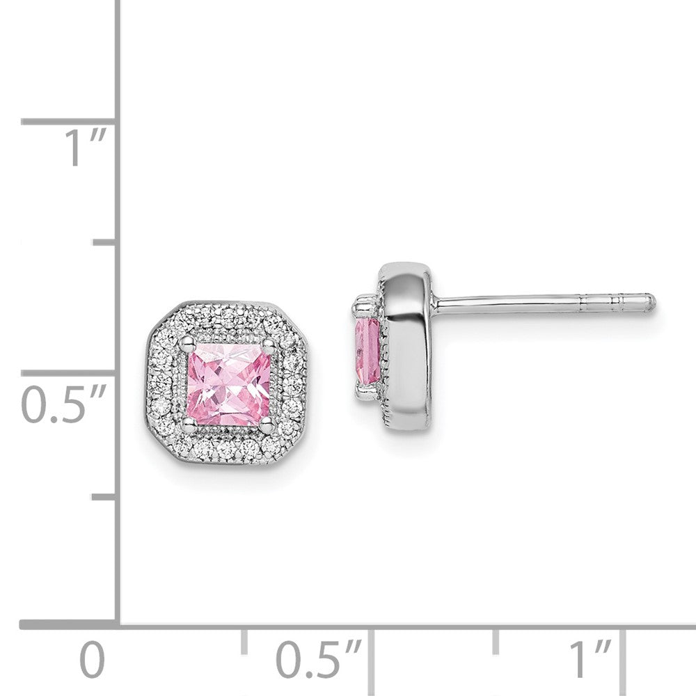 Rhodium-plated Sterling Silver Square Pink and Clear CZ Post Earrings