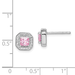 Rhodium-plated Sterling Silver Square Pink and Clear CZ Post Earrings