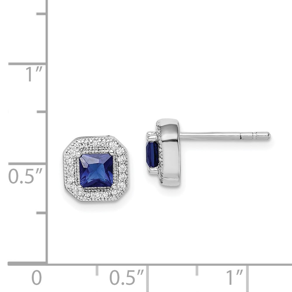 Rhodium-plated Sterling Silver Square Blue and Clear CZ Post Earrings