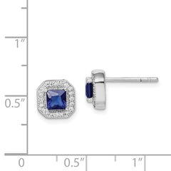 Rhodium-plated Sterling Silver Square Blue and Clear CZ Post Earrings