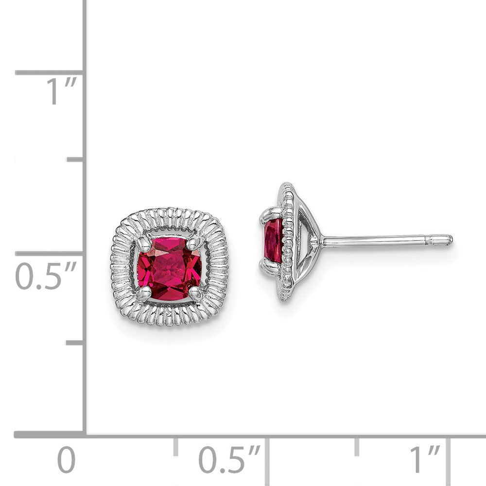 Rhodium-plated Sterling Silver Created Ruby Square Post Earrings