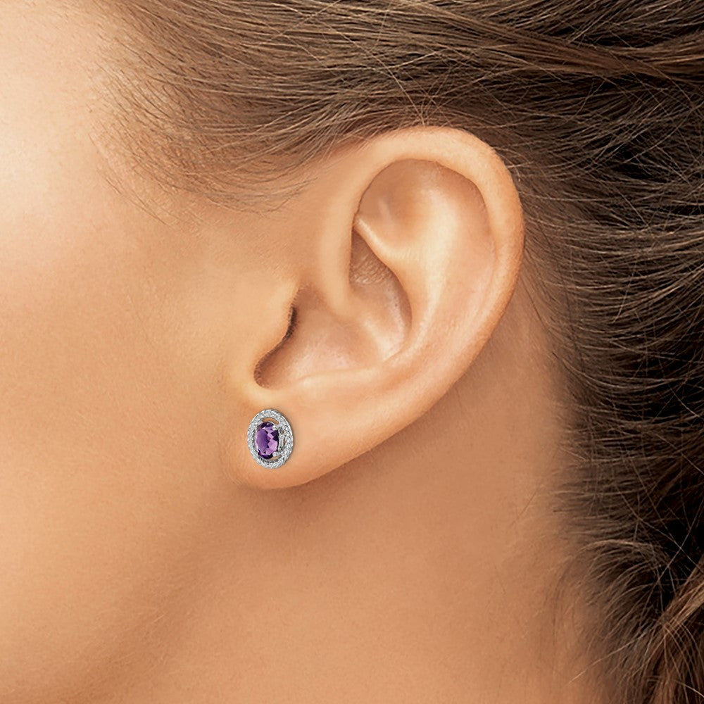 Rhodium-plated Sterling Silver Amethyst Oval Post Earrings