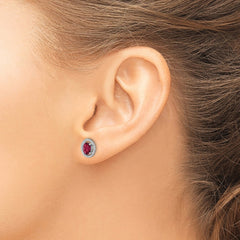 Rhodium-plated Sterling Silver Created Ruby Oval Post Earrings