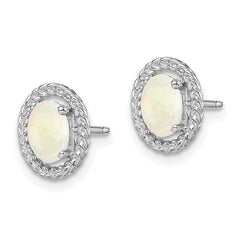 Rhodium-plated Sterling Silver Milky Opal Oval Post Earrings