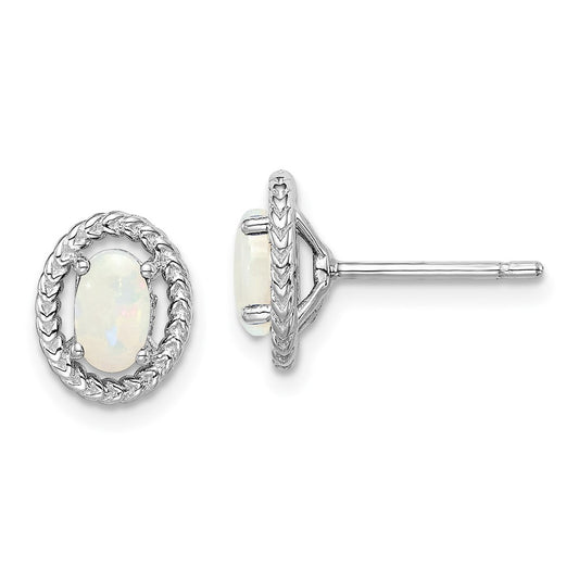 Rhodium-plated Sterling Silver Milky Opal Oval Post Earrings