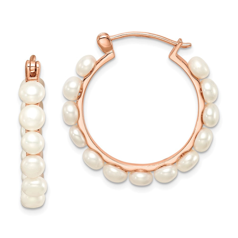 Sterling Silver Rose-tone 18K Flash-plated 4-5mm Hoop FWC Pearl Earrings