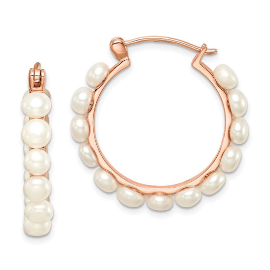 Sterling Silver Rose-tone 18K Flash-plated 4-5mm Hoop FWC Pearl Earrings