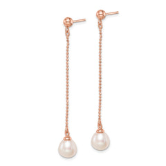 Sterling Silver Rose-tone 18K Flash-plated 7-8mm Drop FWC Pearl Earrings