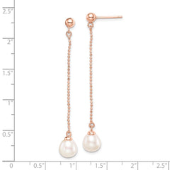 Sterling Silver Rose-tone 18K Flash-plated 7-8mm Drop FWC Pearl Earrings