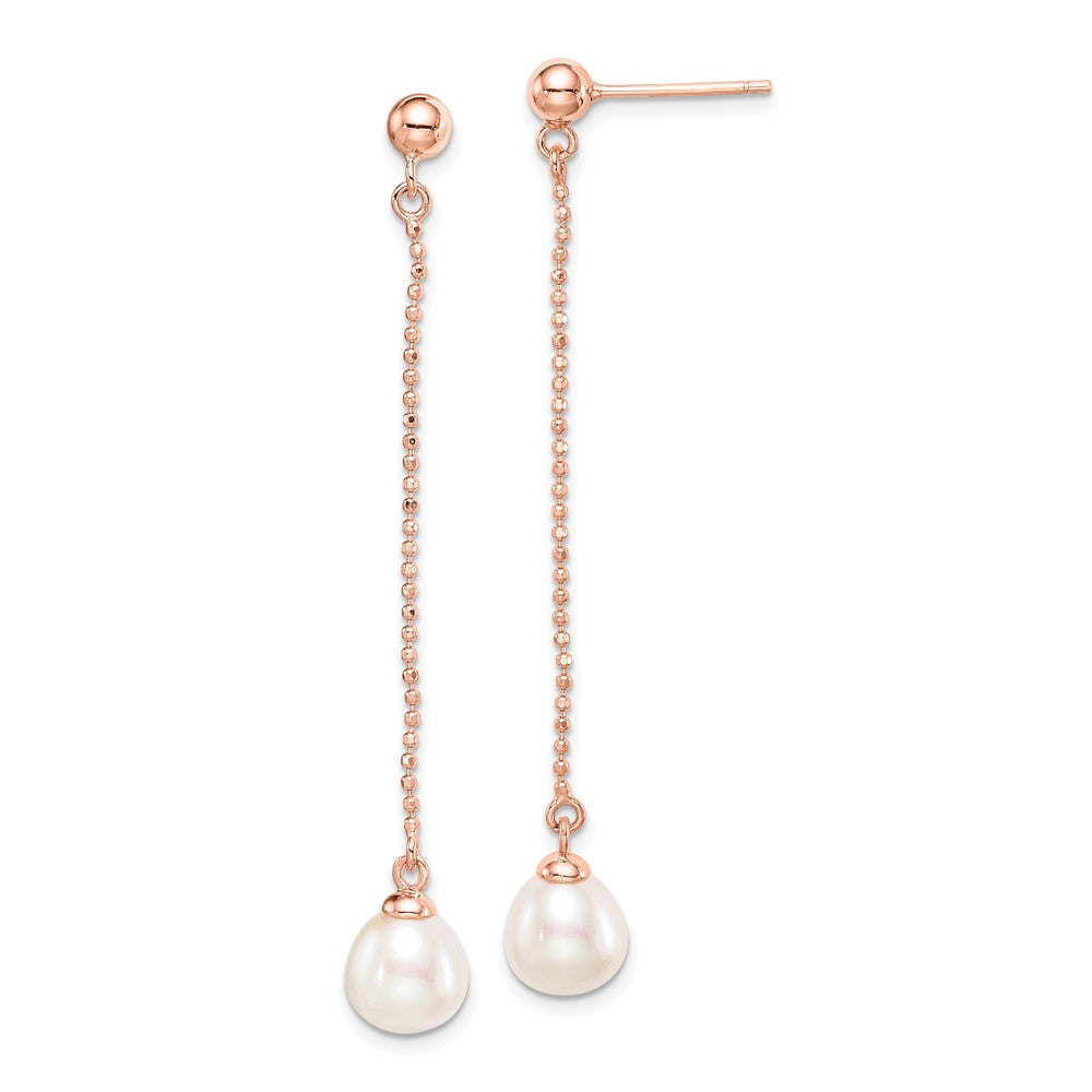 Sterling Silver Rose-tone 18K Flash-plated 7-8mm Drop FWC Pearl Earrings