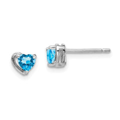 Rhodium-plated Sterling Silver Light Swiss Blue Topaz Heart Post Earrings