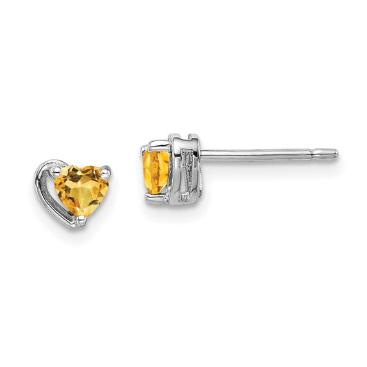 Rhodium-plated Sterling Silver Citrine Heart Post Earrings