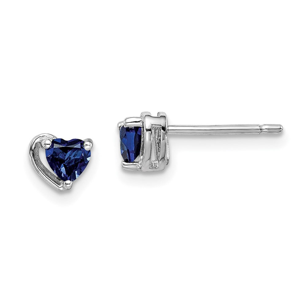 Rhodium-plated Sterling Silver Created Sapphire Heart Post Earrings