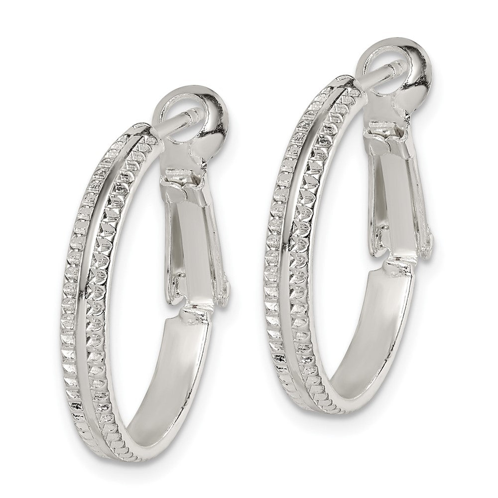 Sterling Silver Milgrain 2x20mm Omega Back Hoop Earrings