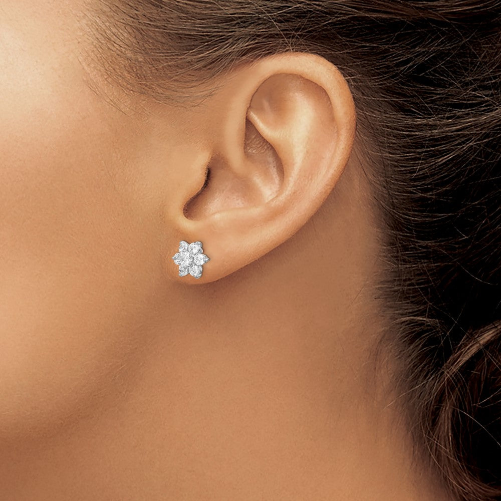 Rhodium-plated Sterling Silver CZ Post Flower Earrings