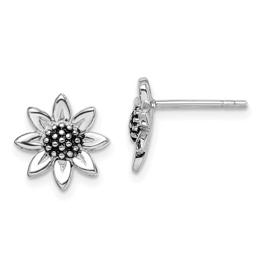 Rhodium-plated Sterling Silver Sunflower Post Earrings