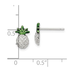 Sterling Silver Pineapple with Green Enamel Post Earrings