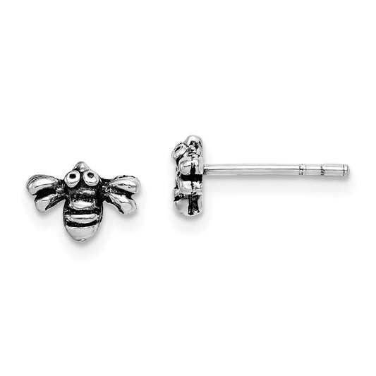 Rhodium-plated Sterling Silver Antiqued Bee Post Earrings