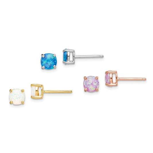 Rose Gold-plated Sterling Silver and Gold-tone Created 6mm Opal Earrings Set