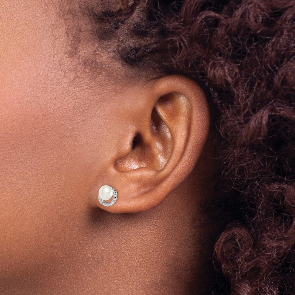 Rhodium-plated Sterling Silver FWC Pearl CZ Post Earrings