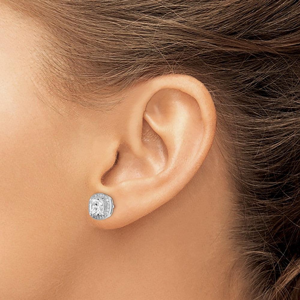 Rhodium-plated Sterling Silver 6mm CZ Halo Post Earrings