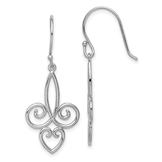 Rhodium-plated Sterling Silver Fleur de Lis Dangle Earrings