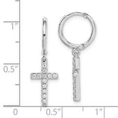 Rhodium-plated Sterling Silver CZ Cross Hinged Hoop Earrings