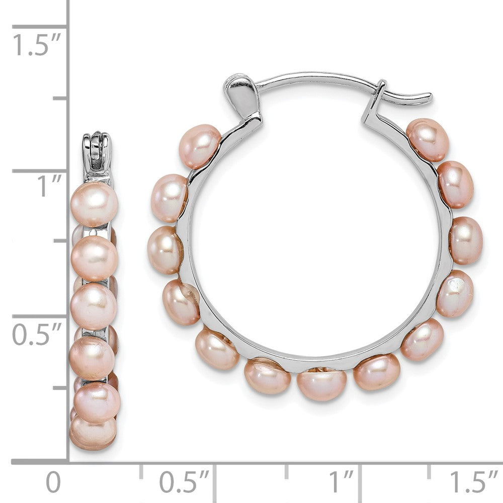 Rhodium-plated Sterling Silver 4-5mm Pink FWC Pearl Hoop Earrings